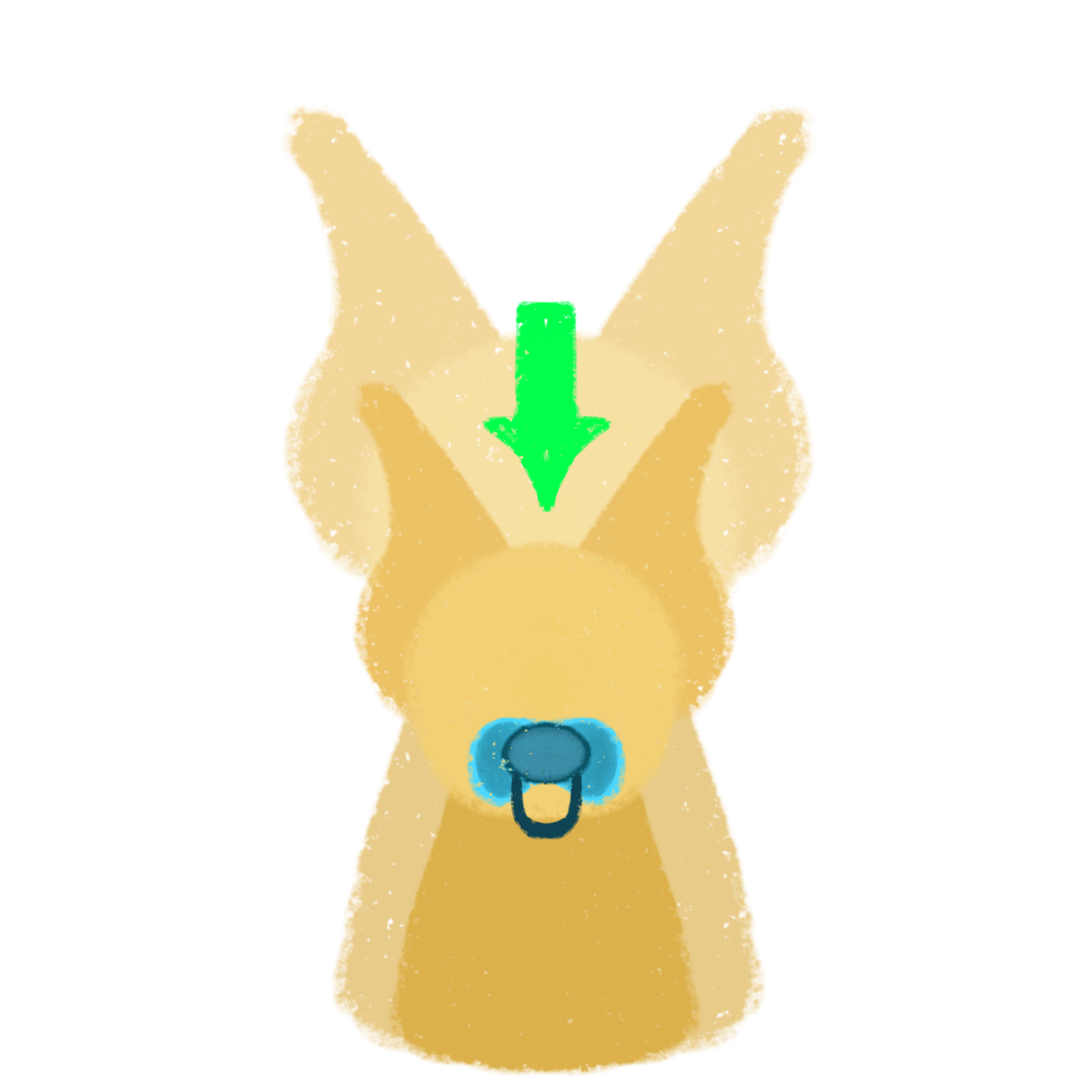 a yellow stylized bunny creature, it has a bigger creature behind shadowing it, it's small and has a green arrow pointing down to it, it has a blue pacifier in it's mouth and It has a simple, cartoonish design with a textured appearance.